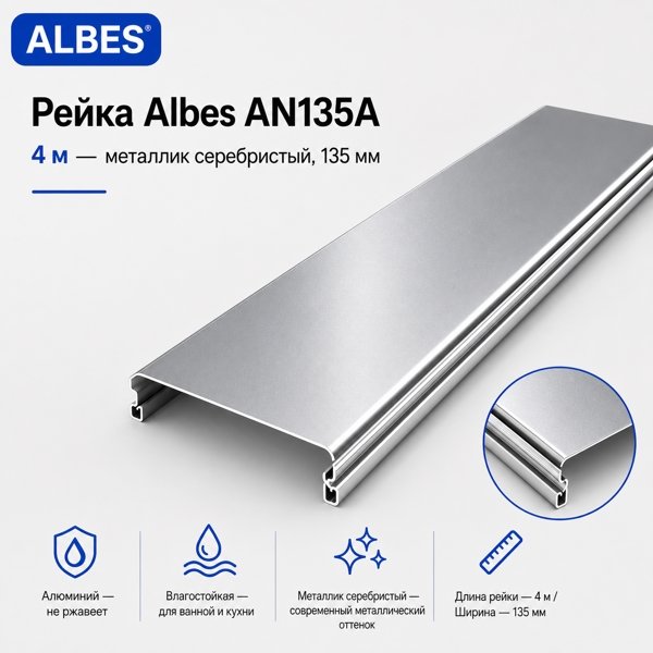 Потолочная рейка Albes AN135A 4 м — серебристый металлик, алюминиевая, 135 мм