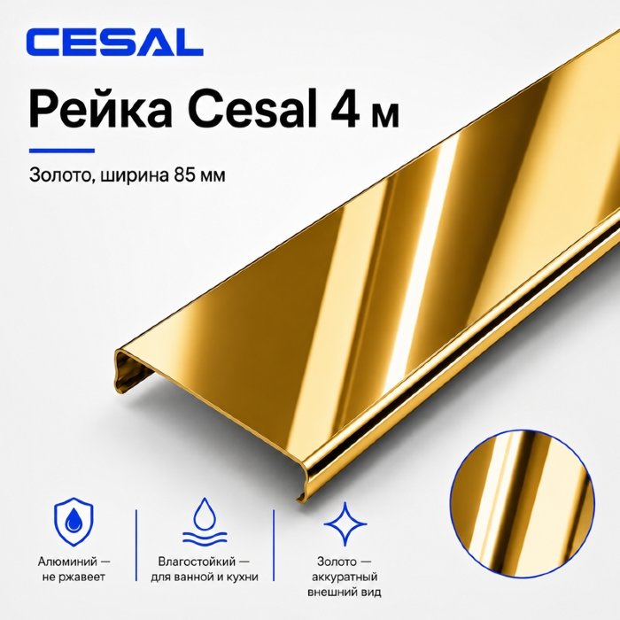 Потолочная рейка Cesal 4 м — золото, алюминиевая, 85 мм
