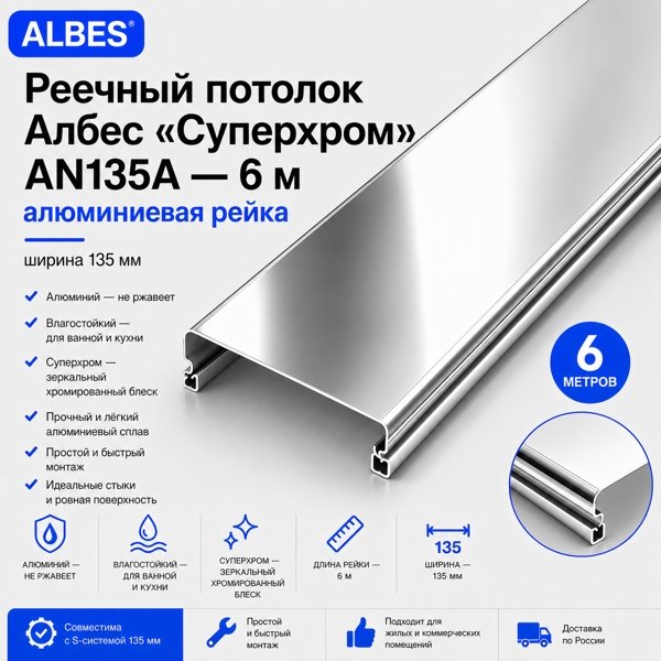 Потолочная рейка Albes AN135A 6 м — супер-хром, алюминиевая, 135 мм